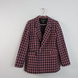Rachel Zoe Women's Tweed Blazer Jacket L Black Pink Plaid Wool Blend Career 1126